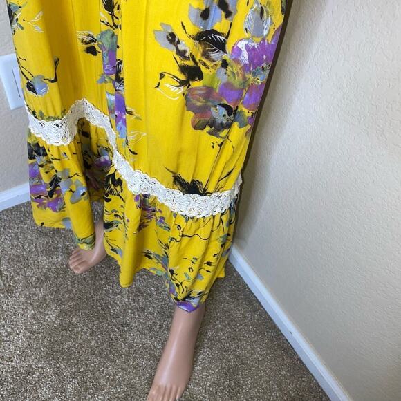 Umgee Sunny Yellow Floral On Off Shoulder Maxi Dress  Bottom Tier Ruffle Side MD - Picture 5 of 11